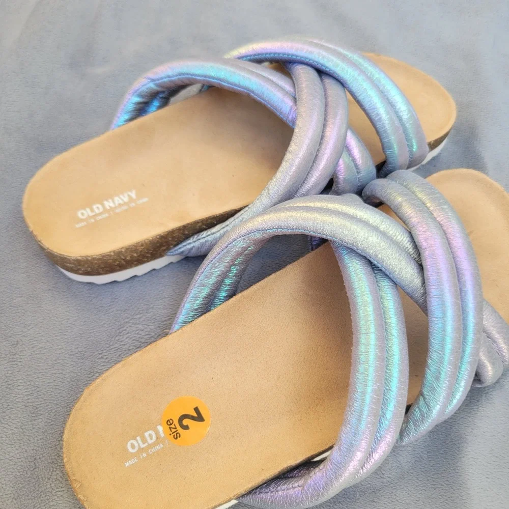 Old Navy Girls Iridescent Puffy Strap Slide Sandals Purple Blue Metallic Size‎ 2